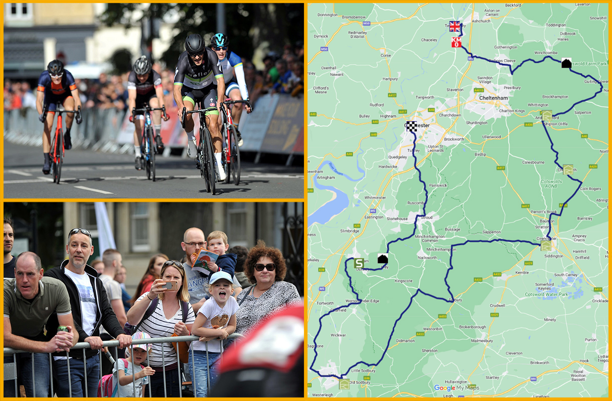 Stage 7 map of the Tour of Britain route, pluse Cyclists riding through Cheltenham